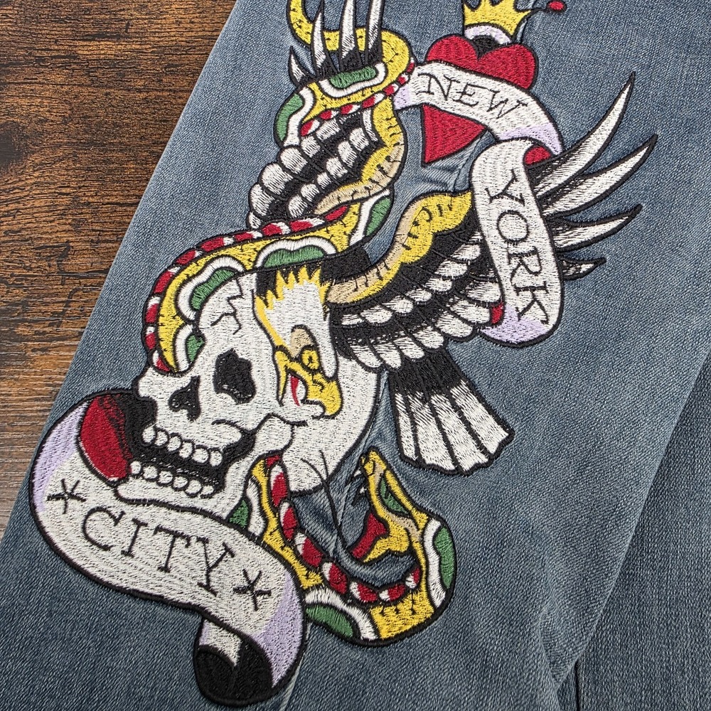 NWT Ed Hardy Slim‎ Fit Flare Jeans "New York" Dragon Embroidered Sz 30x32 Womens